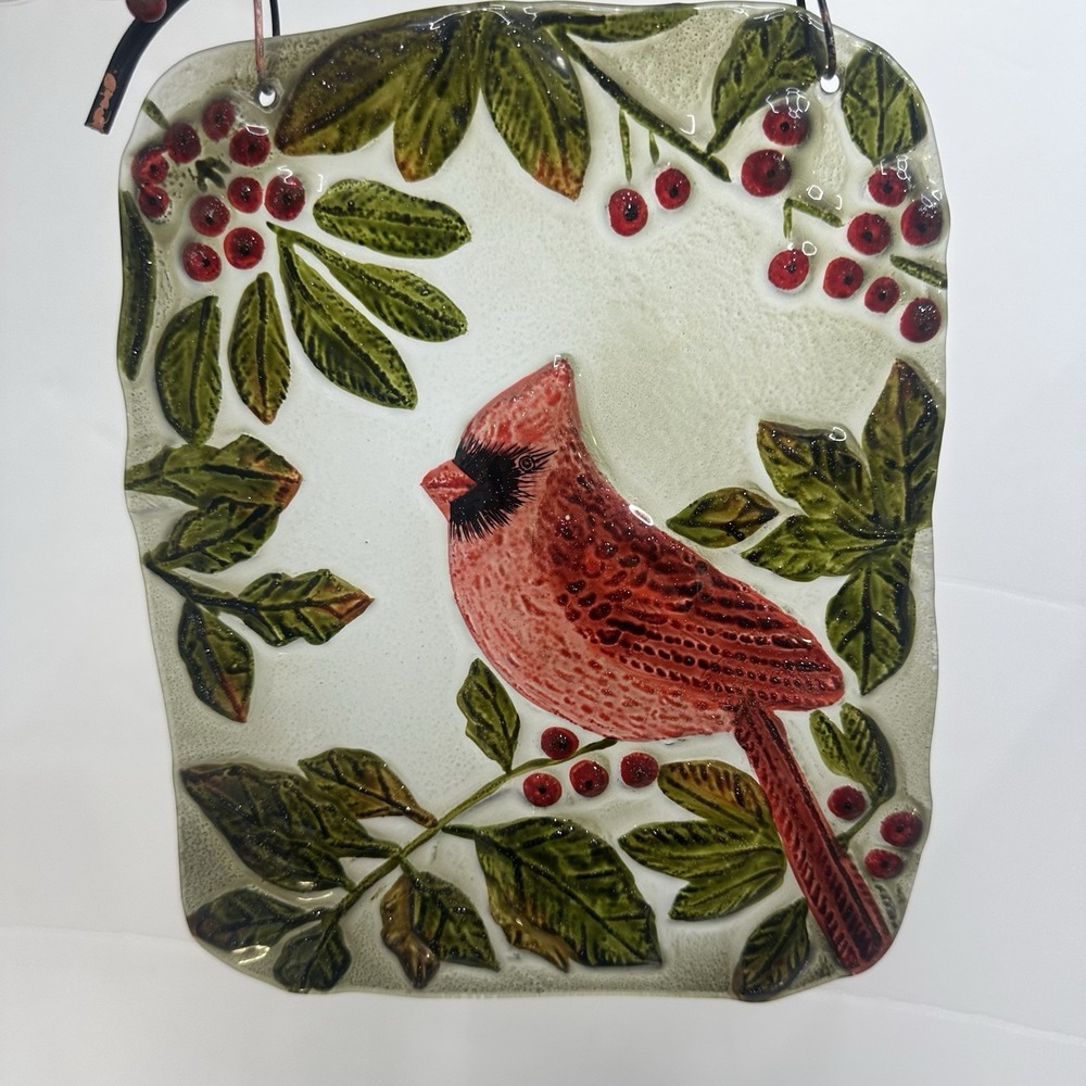 Red Cardinal Artisan Suncatcher Metal Decor Hanger 9" X 7" Holly Branch Glass - Picture 2 of 14